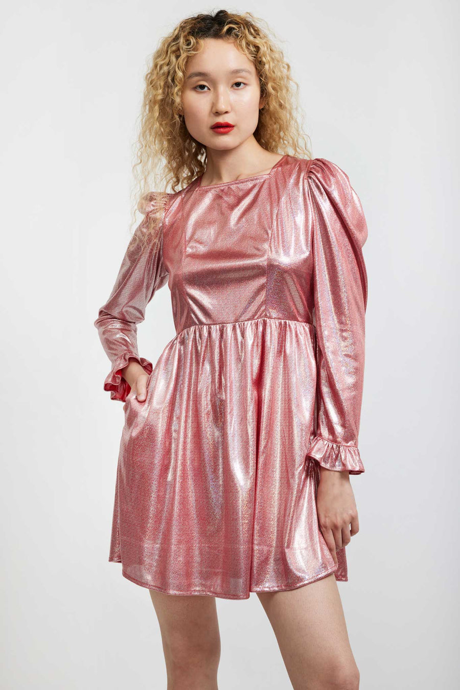 BATSHEVA - Square Neck Mini Prairie Dress in Ballerina Pink Holographic
