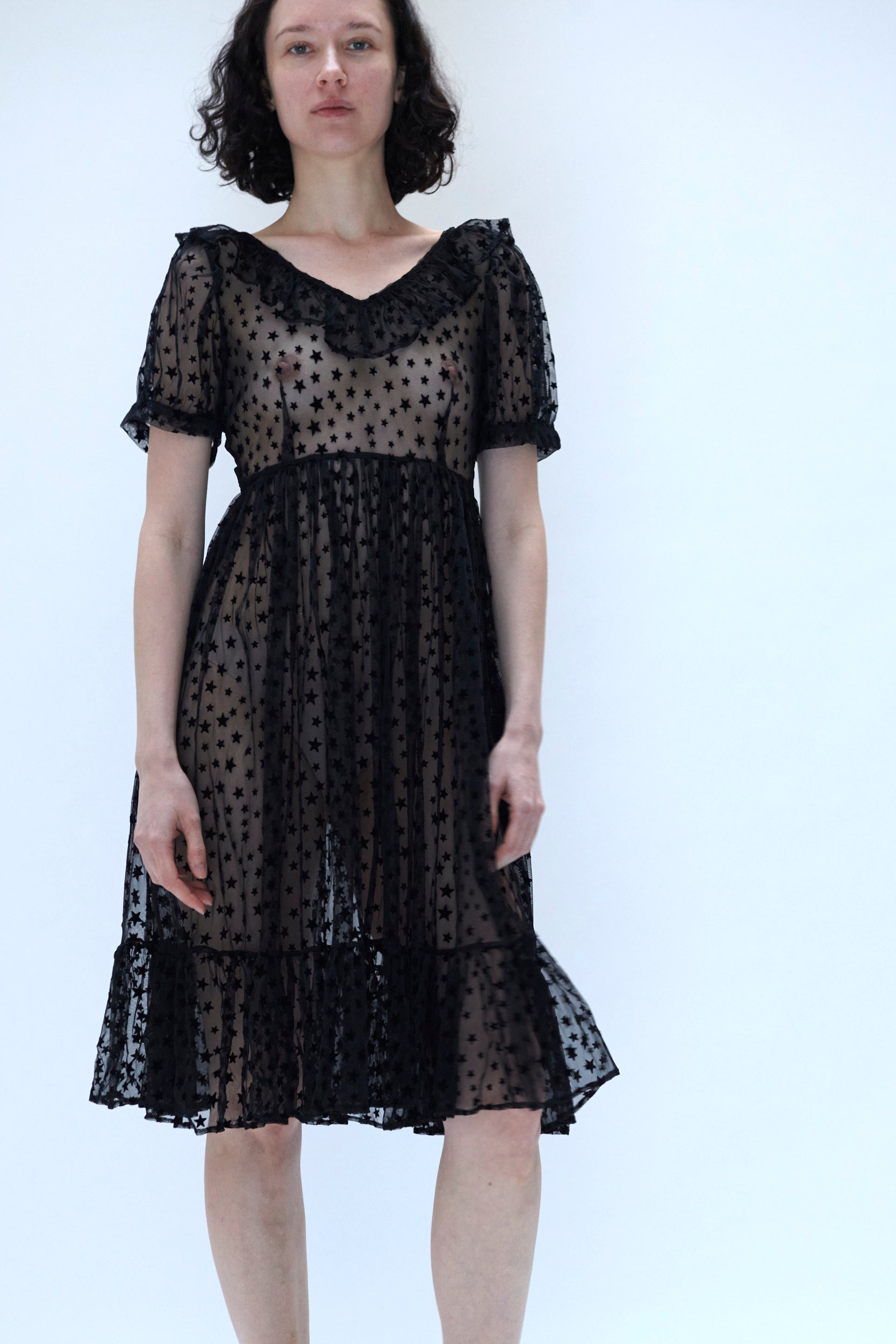 Ruffle May Dress in Black Flocked Star 4
