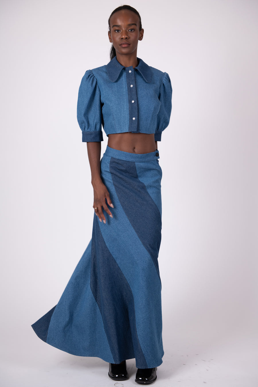 BATSHEVA - Preorder Cera Skirt in Medium Blue Denim