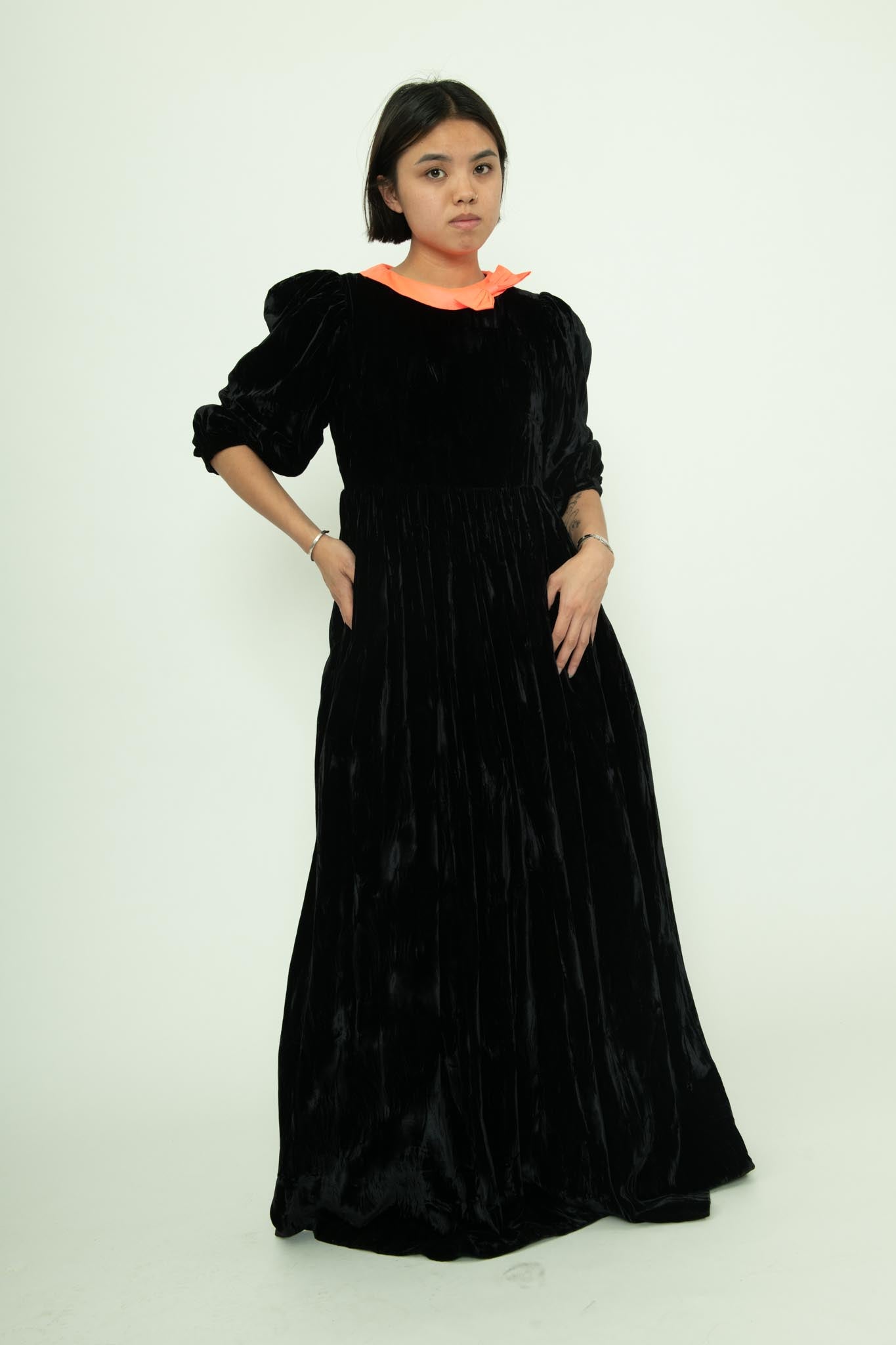 Sample Sale Crushed Velvet Dress with Pink Taffeta Bow BATSHEVA