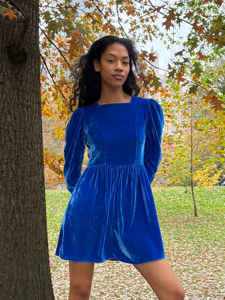 Square Neck Mini Prairie Dress in Blue Silk Velvet
