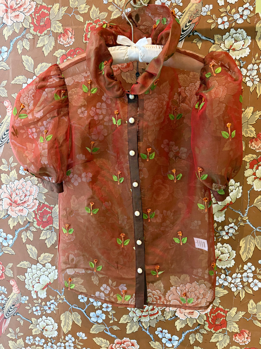 Lou Blouse in Burgundy Silk Organza