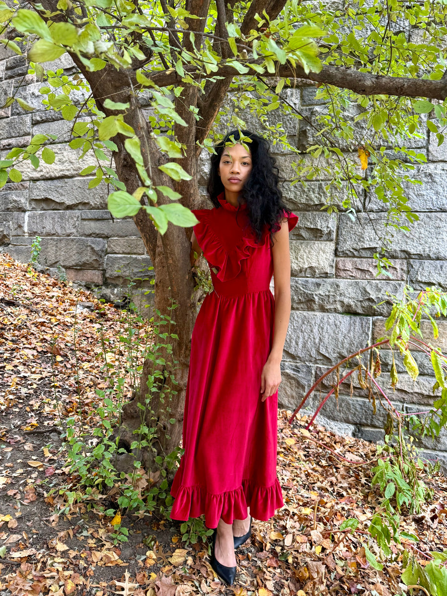 Caroline Dress in Red Velveteen