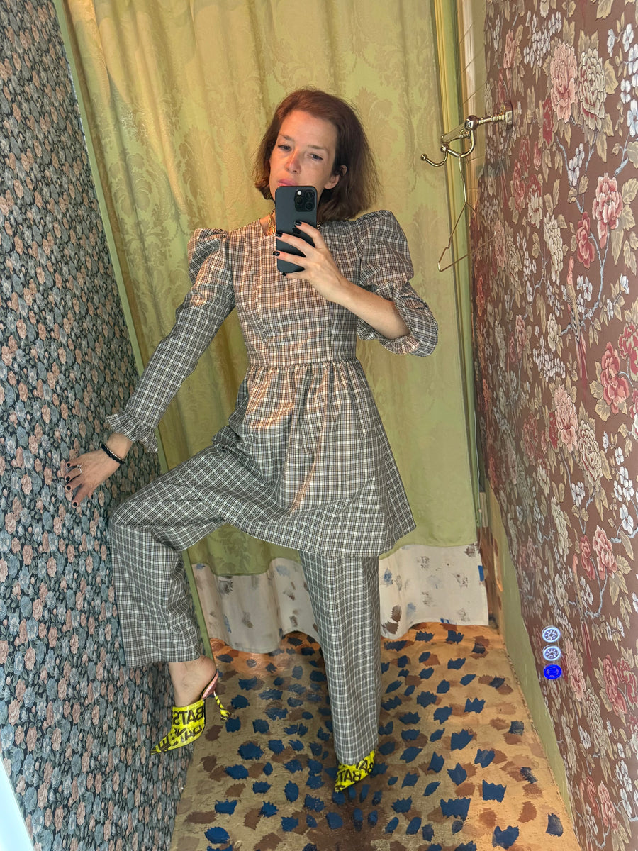 Square Neck Mini Prairie Dress in Beige Tartan