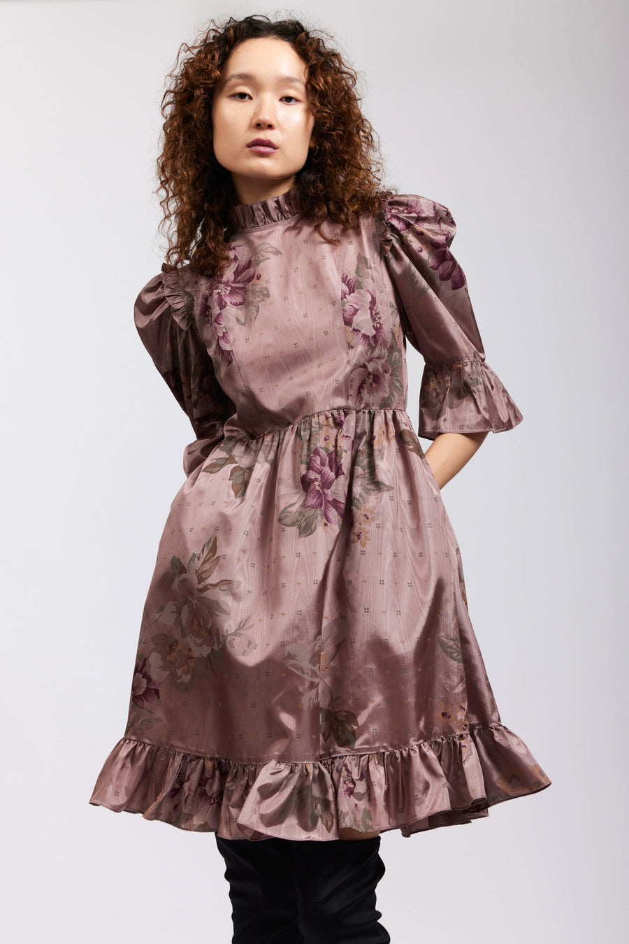 BATSHEVA - Spring Prairie Dress in Purple Deadstock Chintz Moiré