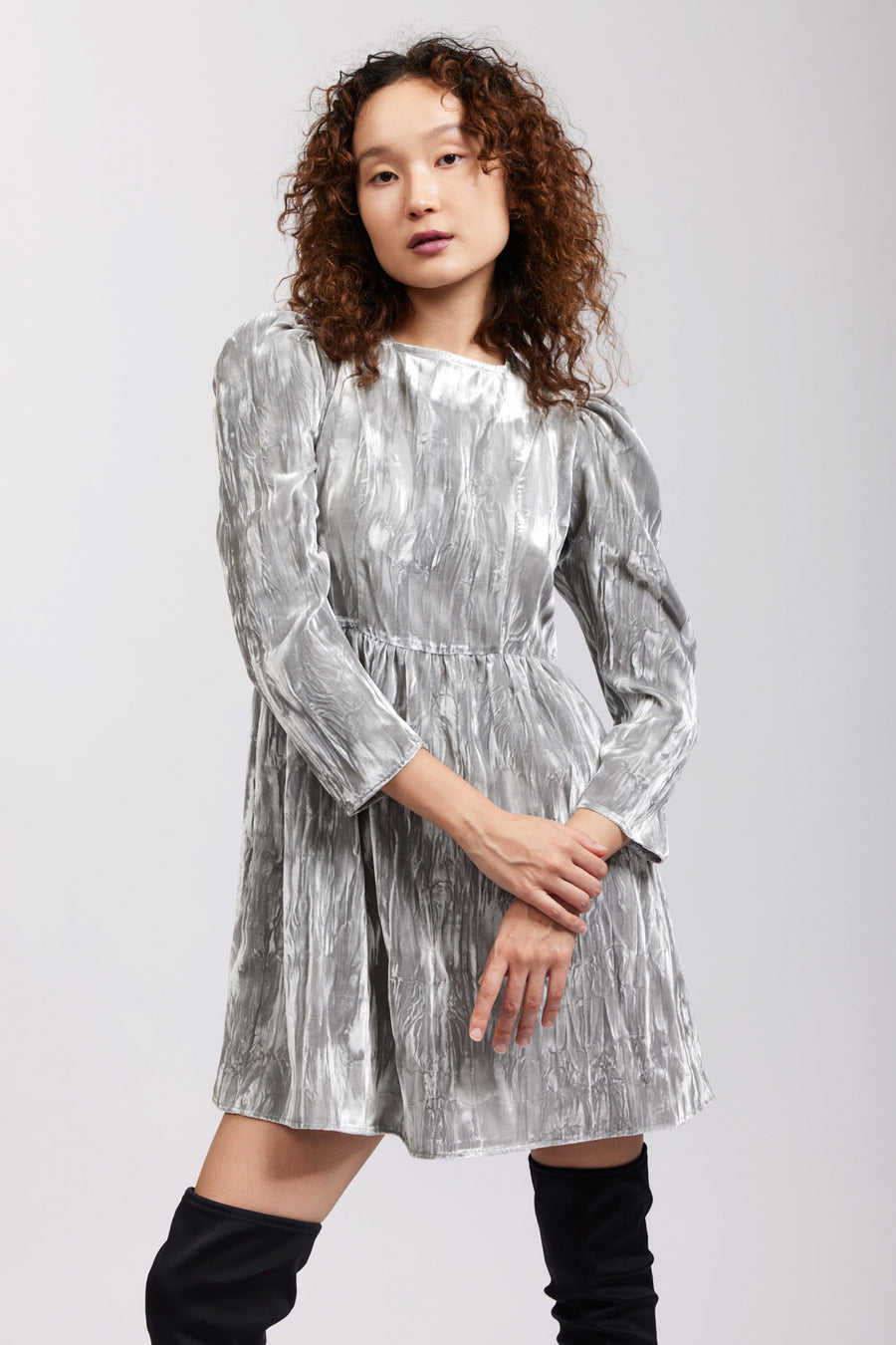 BATSHEVA - Square Neck Mini Prairie Dress in Silver Crushed Velvet