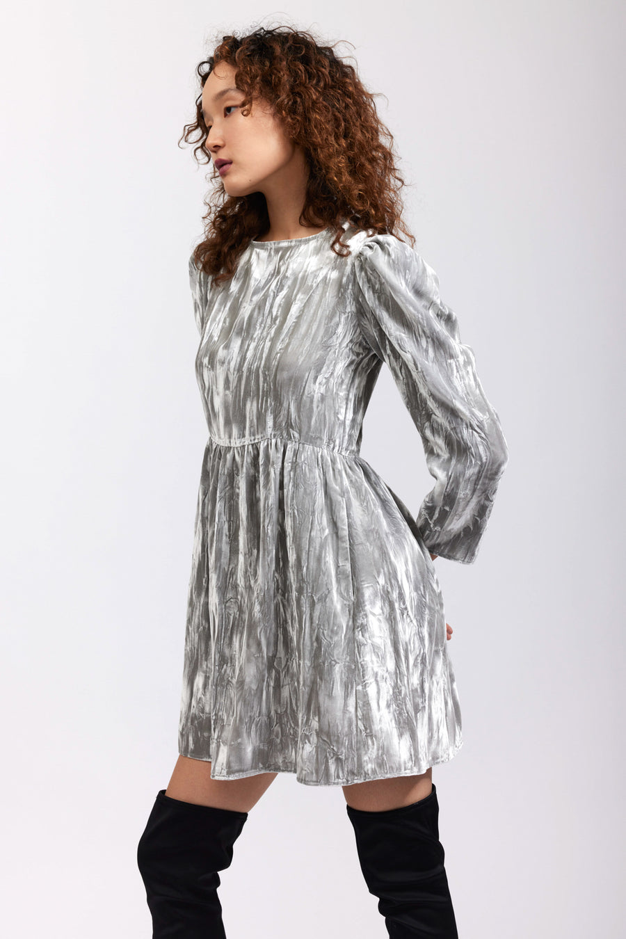 BATSHEVA - Square Neck Mini Prairie Dress in Silver Crushed Velvet