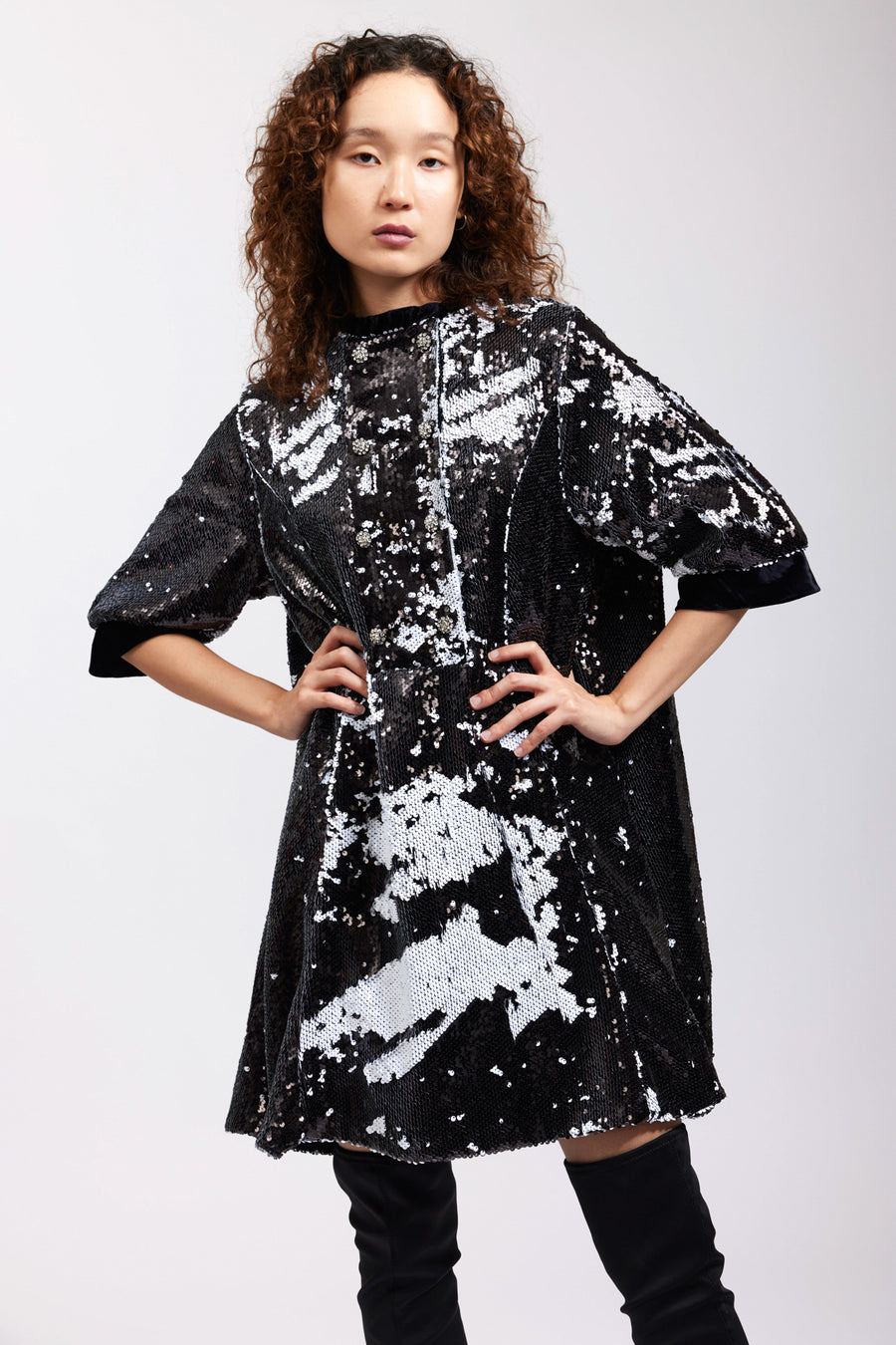 BATSHEVA - Beray Coat Dress in Black and White Flip Sequin