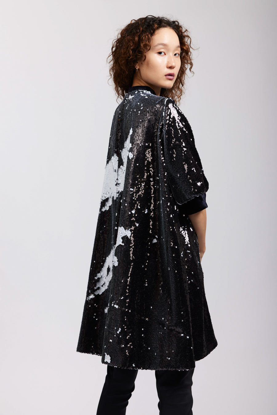 BATSHEVA - Beray Coat Dress in Black and White Flip Sequin