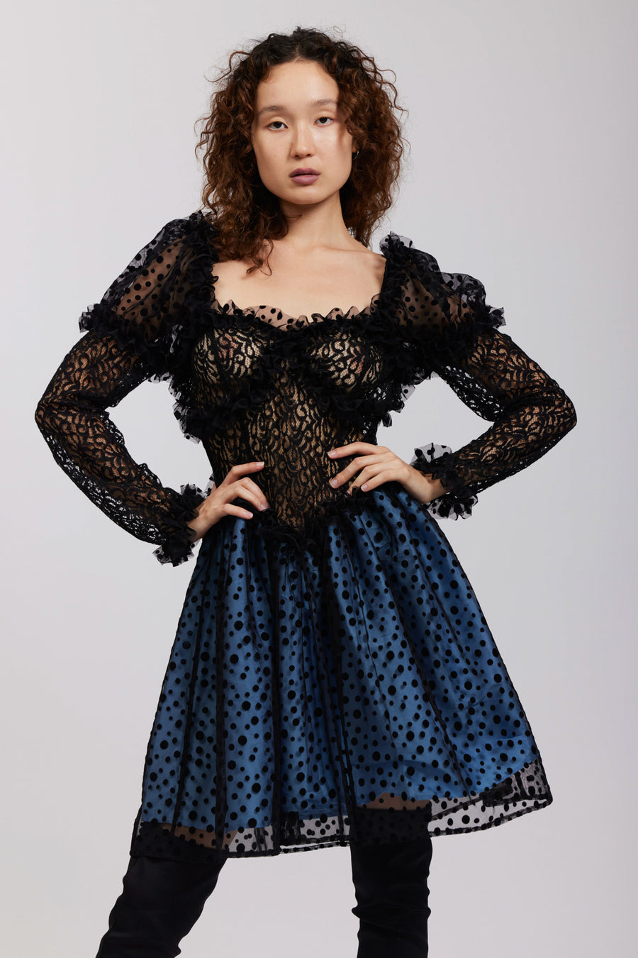 BATSHEVA - Sabrina Dress in Black Lace and Blue Taffeta