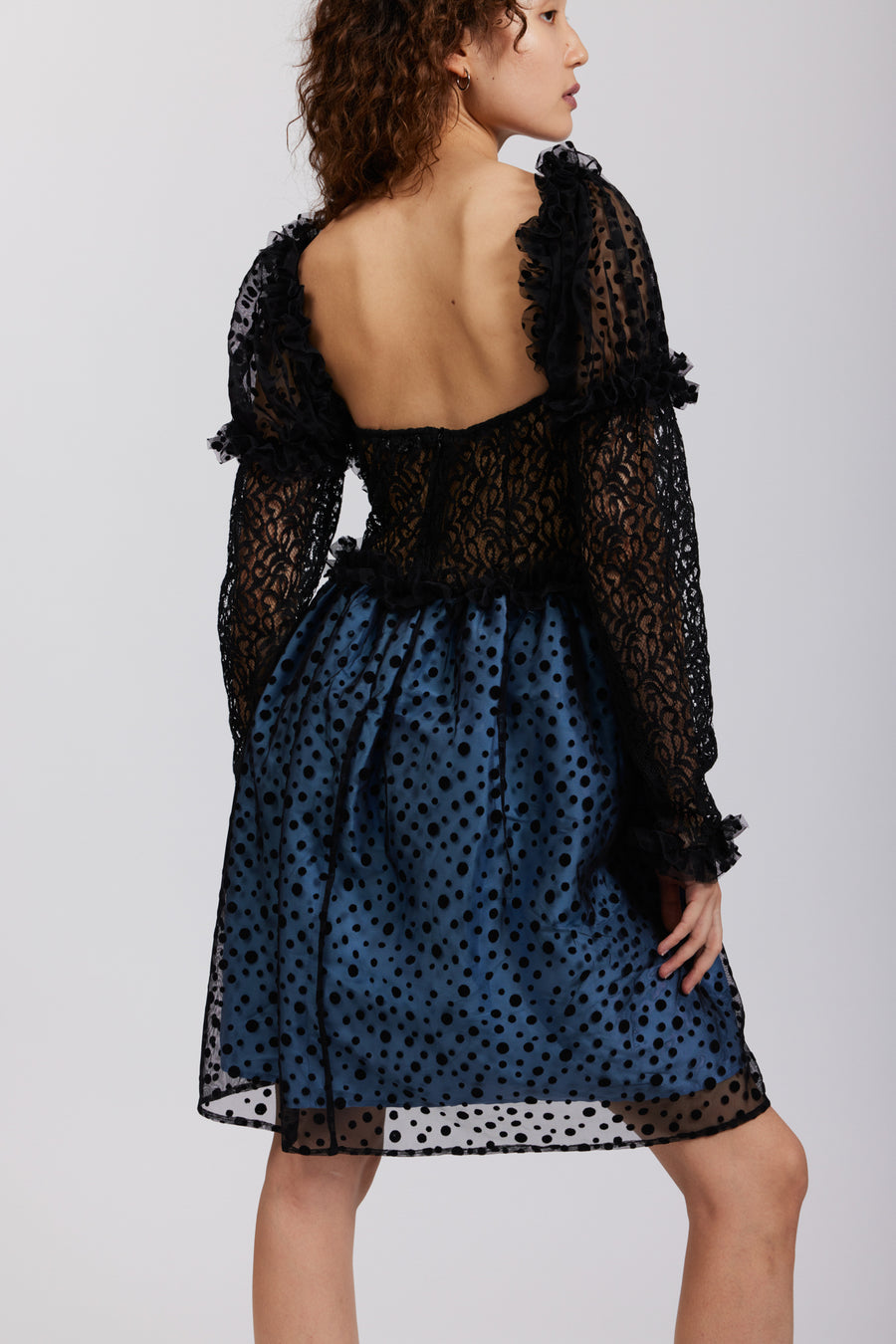 BATSHEVA - Sabrina Dress in Black Lace and Blue Taffeta