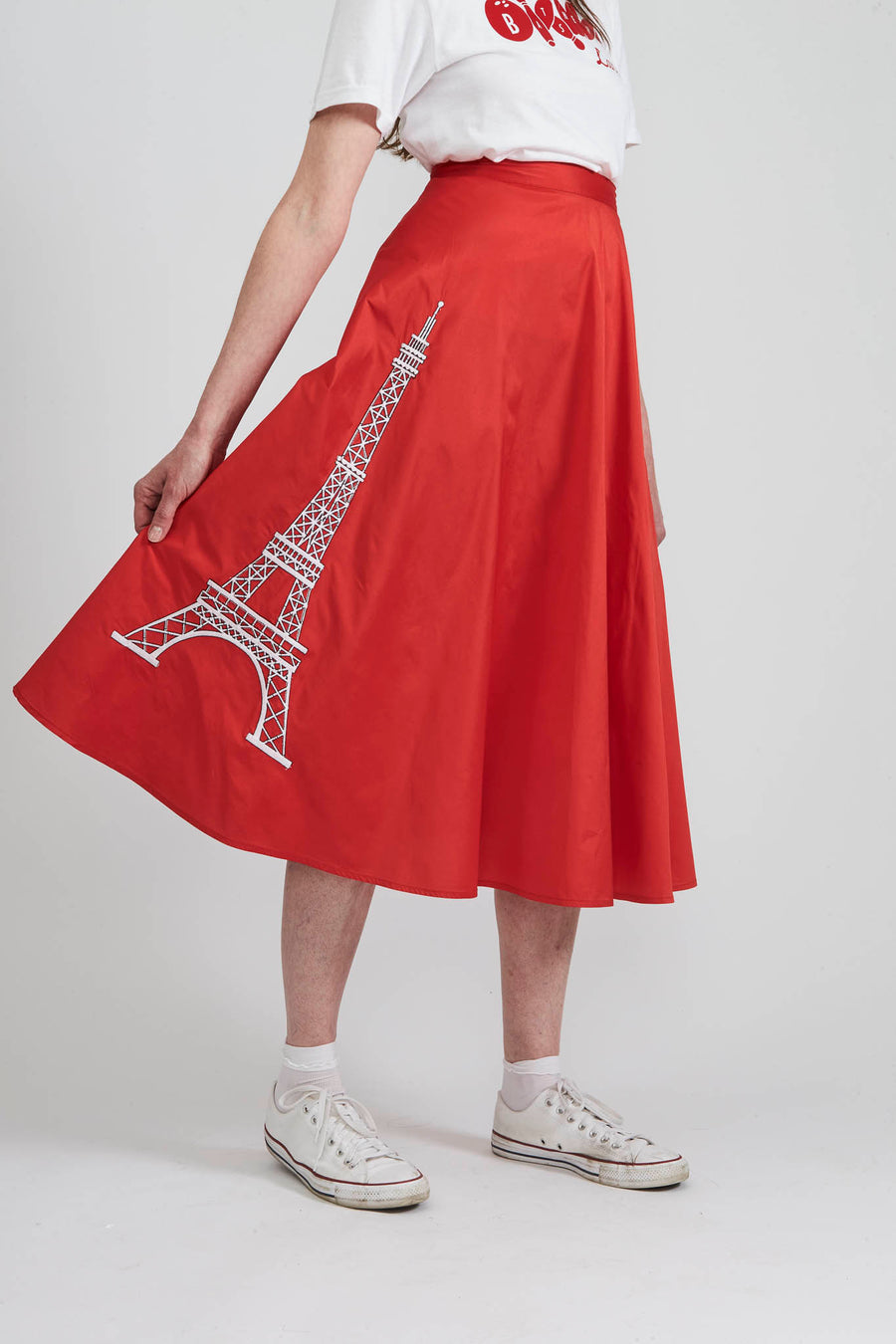 BATSHEVA - Maggie Skirt in Red Taffeta with Eiffel Tower Embroidery