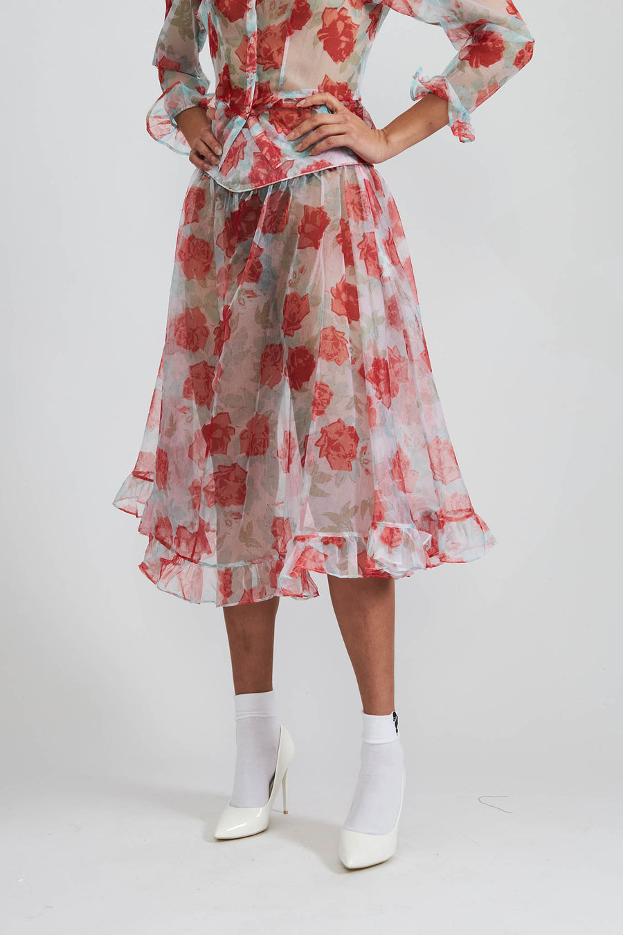 BATSHEVA - Ruffle Skirt in Painted Rose Organza