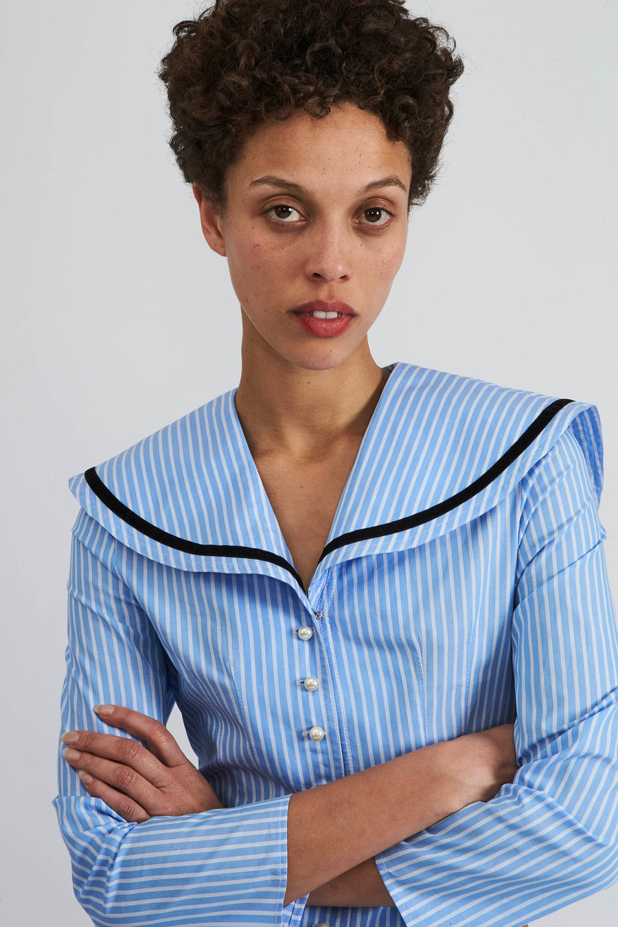 BATSHEVA - Skipper Blouse in Blue Stripe Cotton