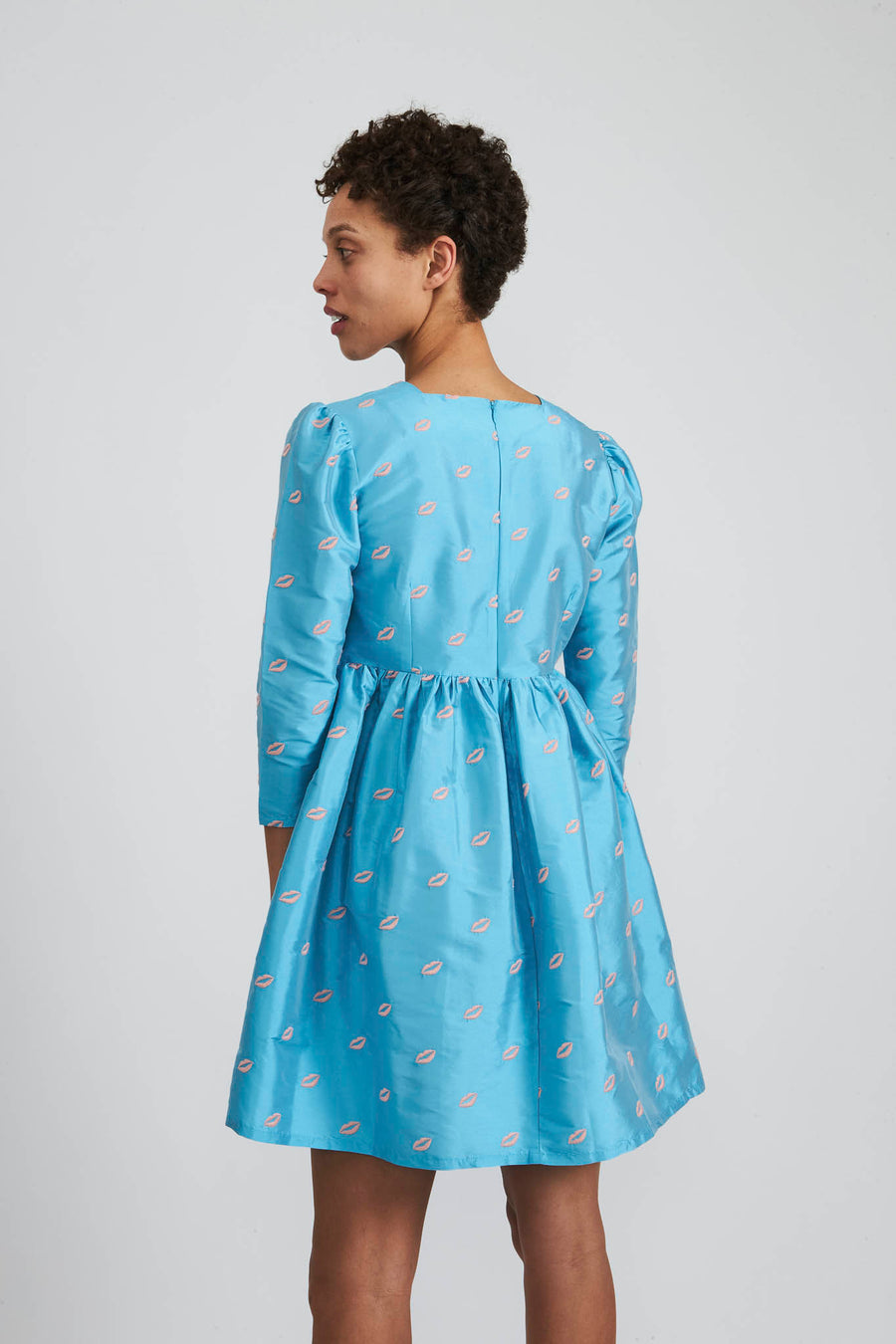 BATSHEVA - Square Neck Mini Prairie Dress in Turquoise Taffeta with Embroidered Lips