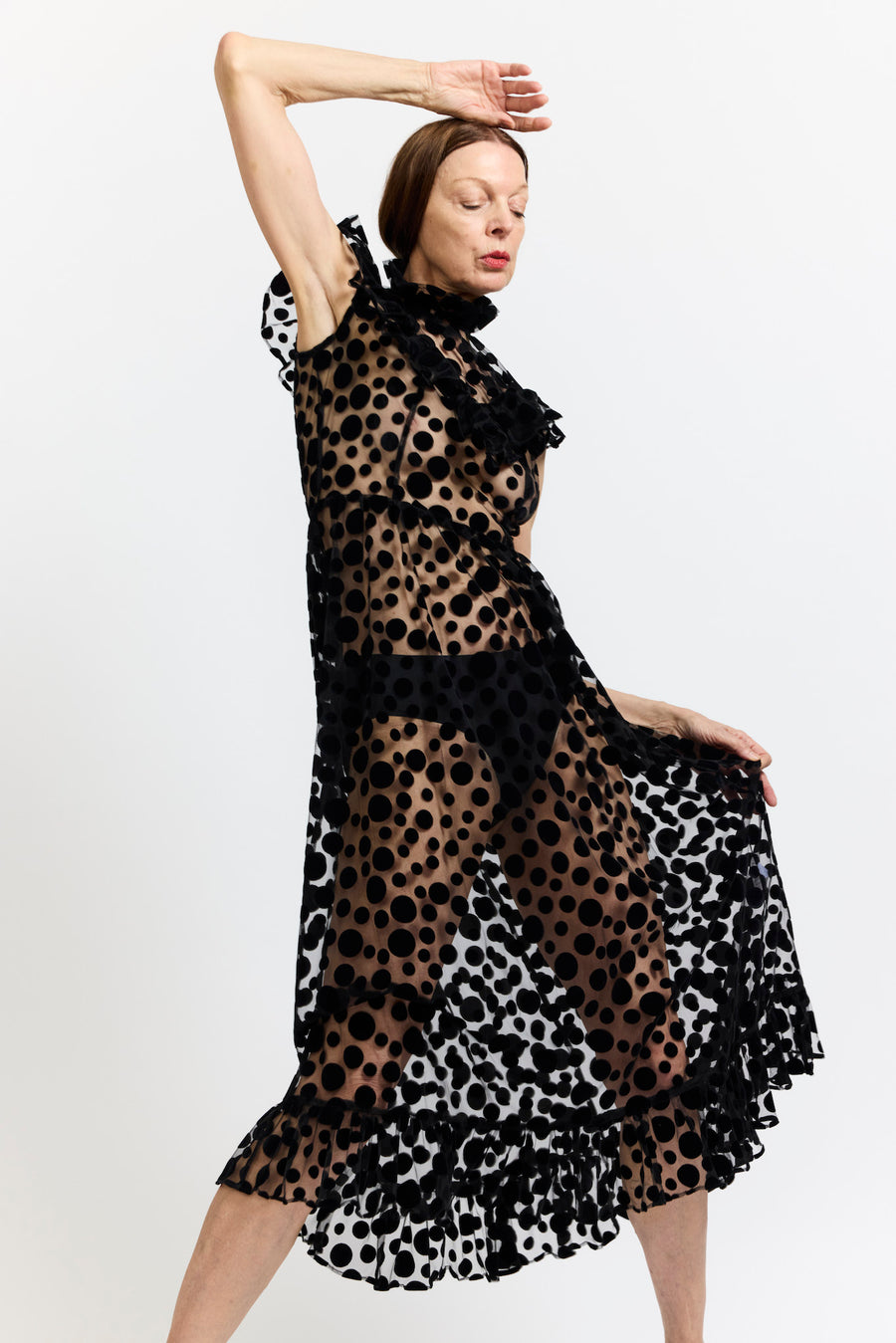 BATSHEVA - Caroline Dress in Black Polka Dot Flocked Tulle