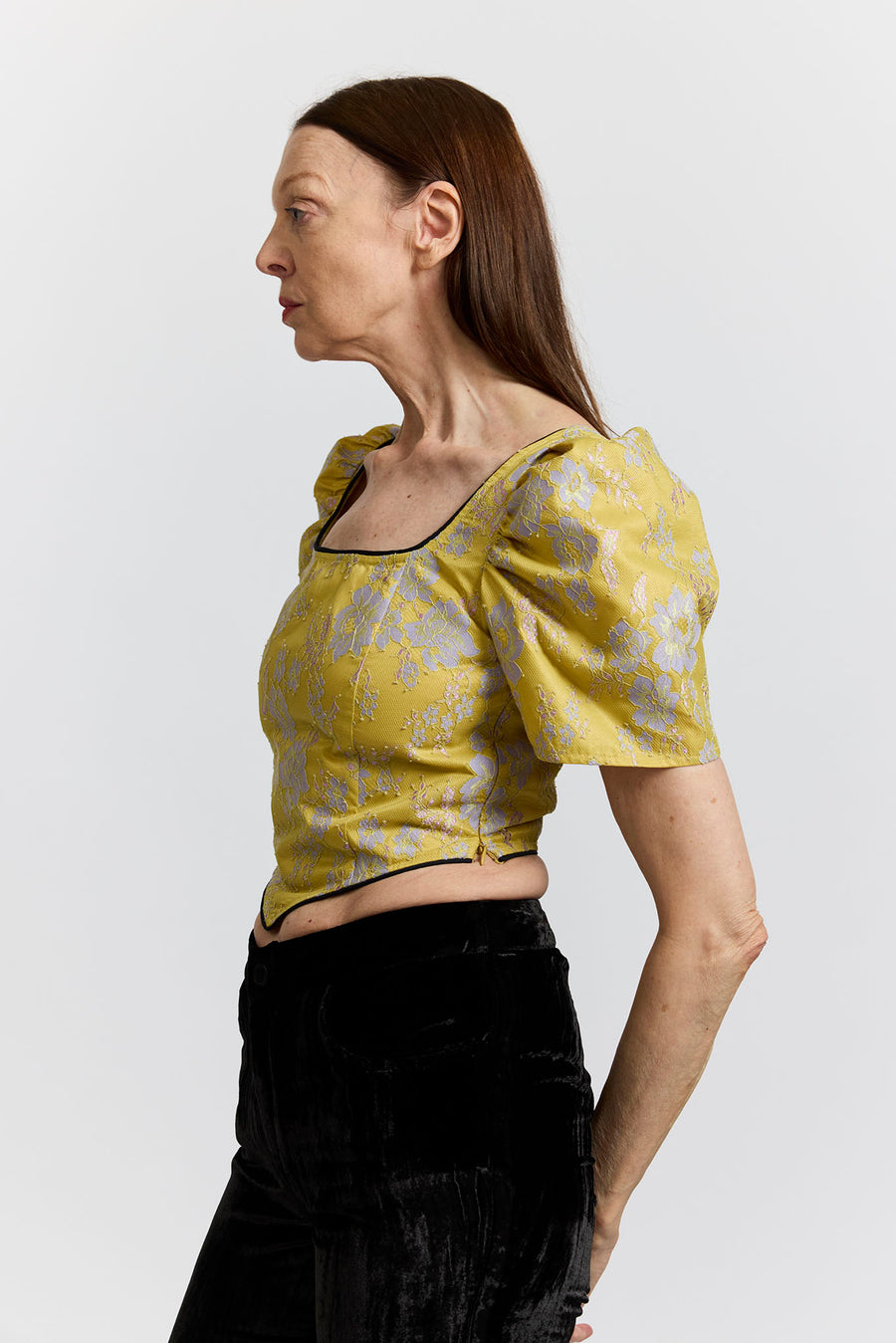 BATSHEVA - Short Sleeve Dirndl Top in Yellow Lace