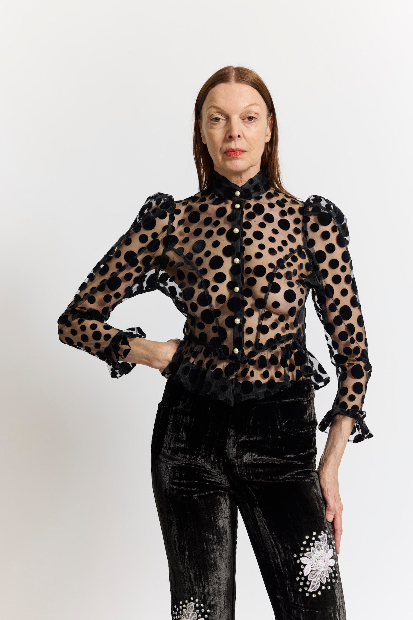 Grace Blouse in Black Polka Dot Flocked Tulle BATSHEVA