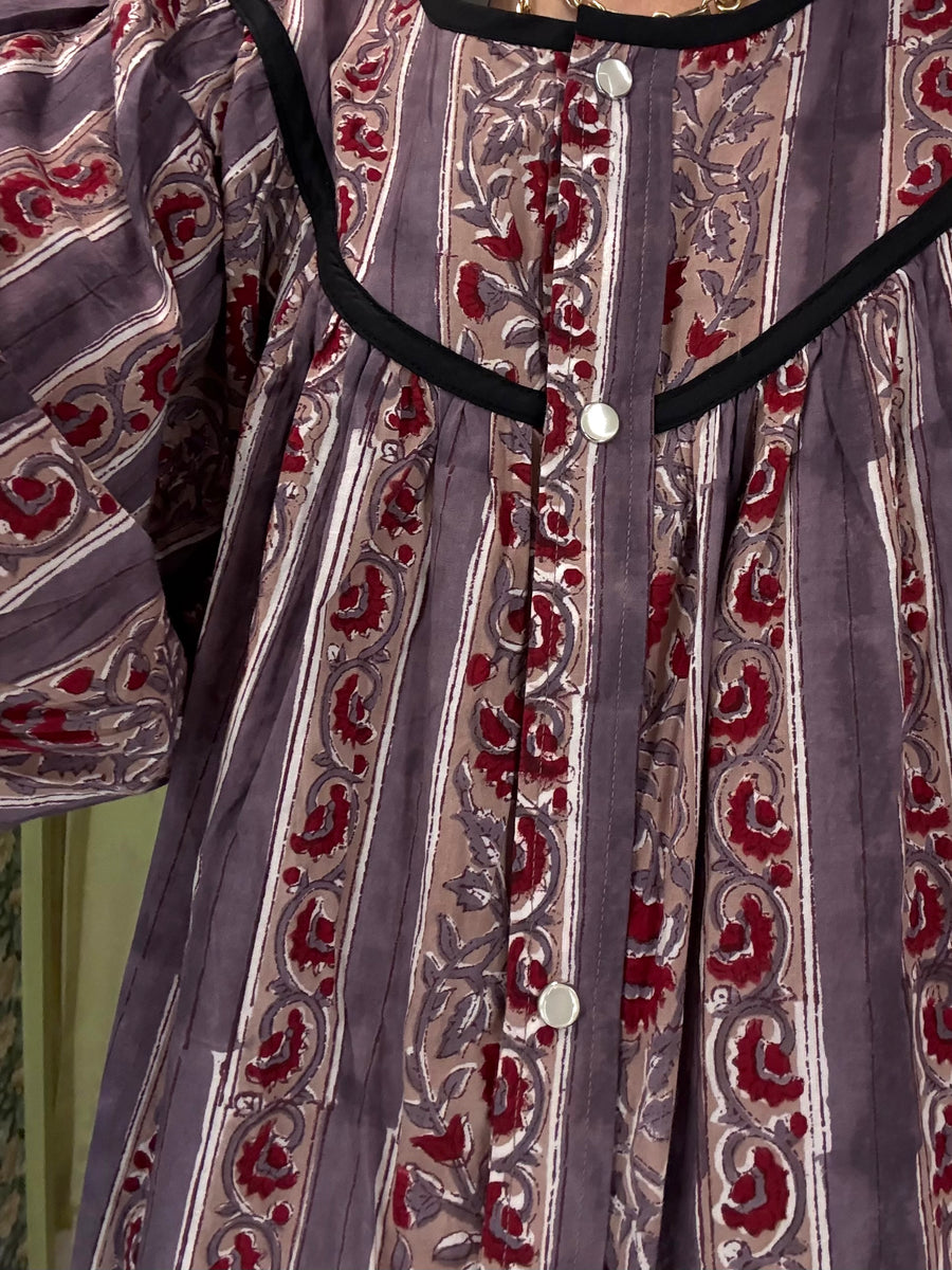 Snap Housedress in Grape Floral with Stripes