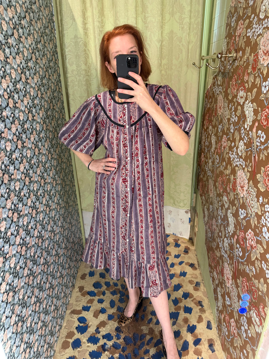 Snap Housedress in Grape Floral with Stripes