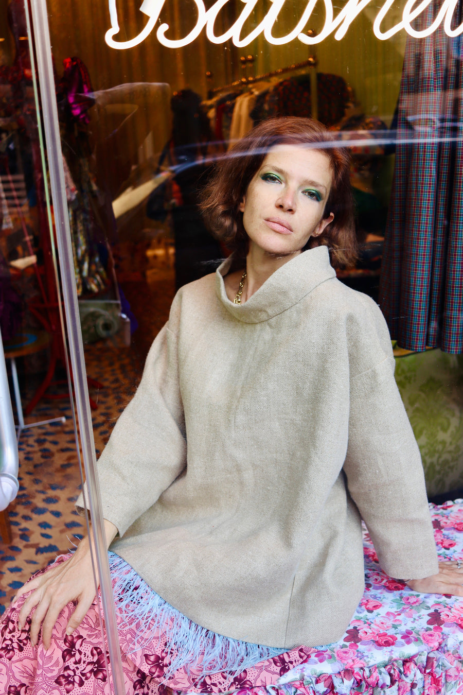 Abigail Coatdress in Burlap with Blue Ostrich Feathers