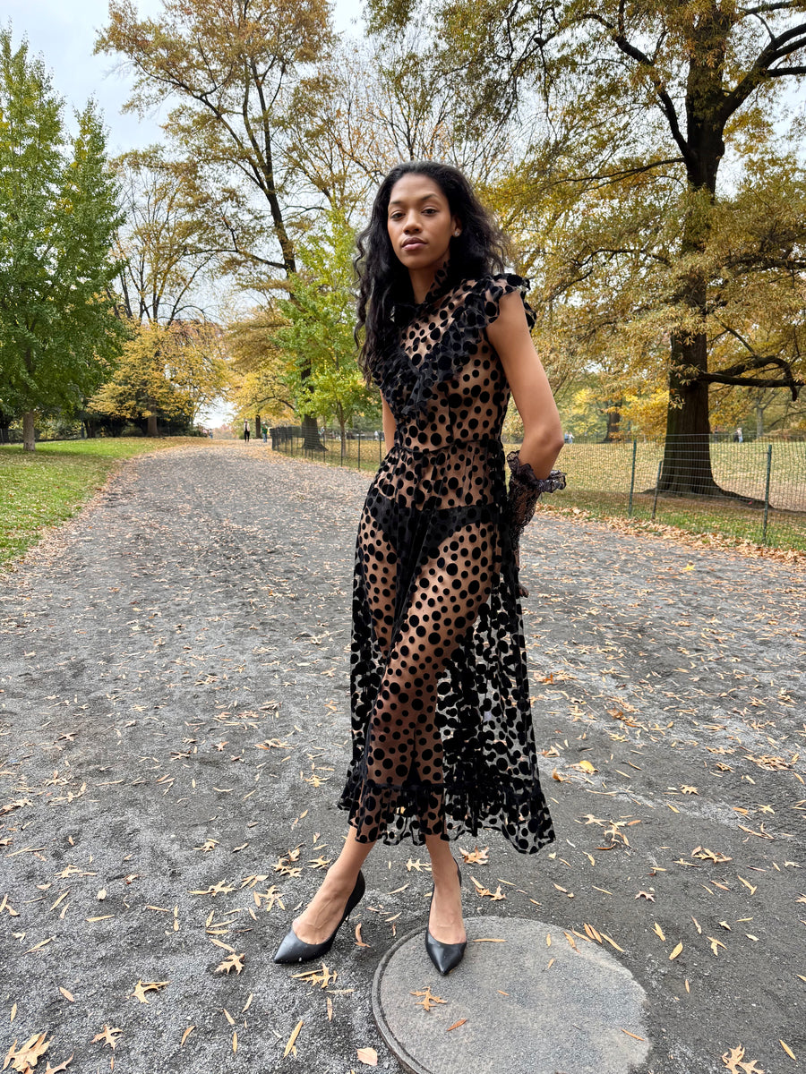 Caroline Dress in Black Flocked Dots