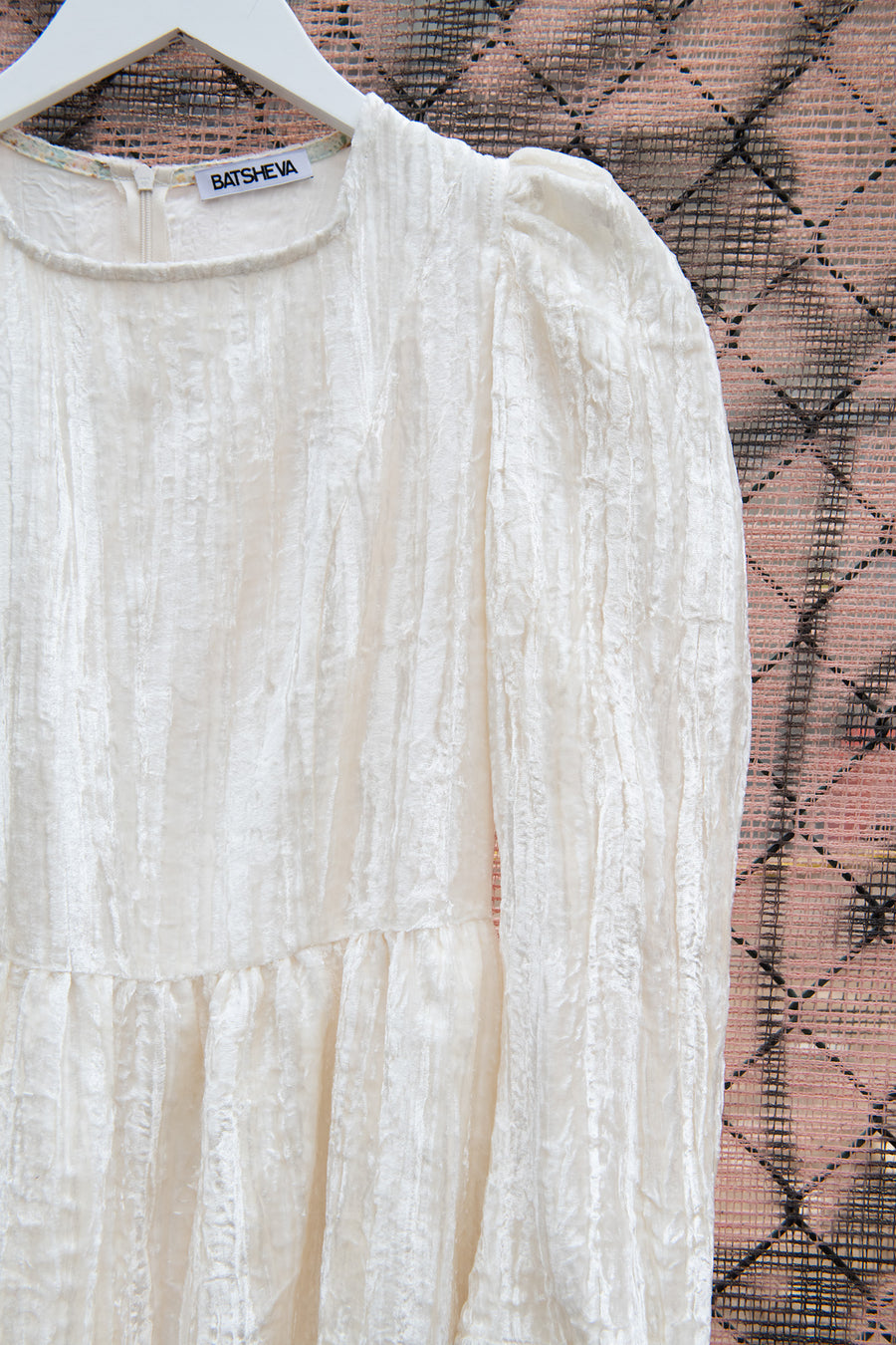 BATSHEVA - Square Neck Mini Prairie Dress in Ivory Crushed Velvet