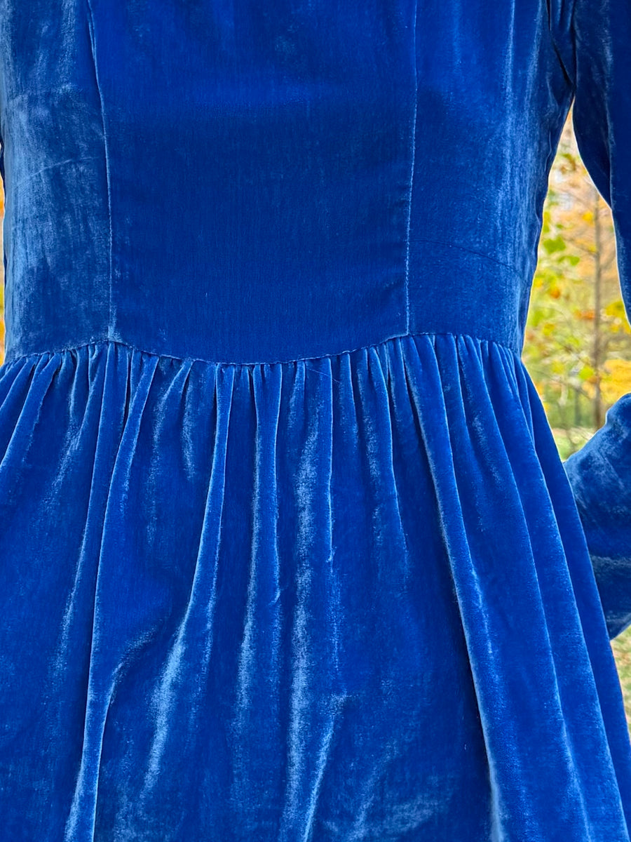 Square Neck Mini Prairie Dress in Blue Silk Velvet
