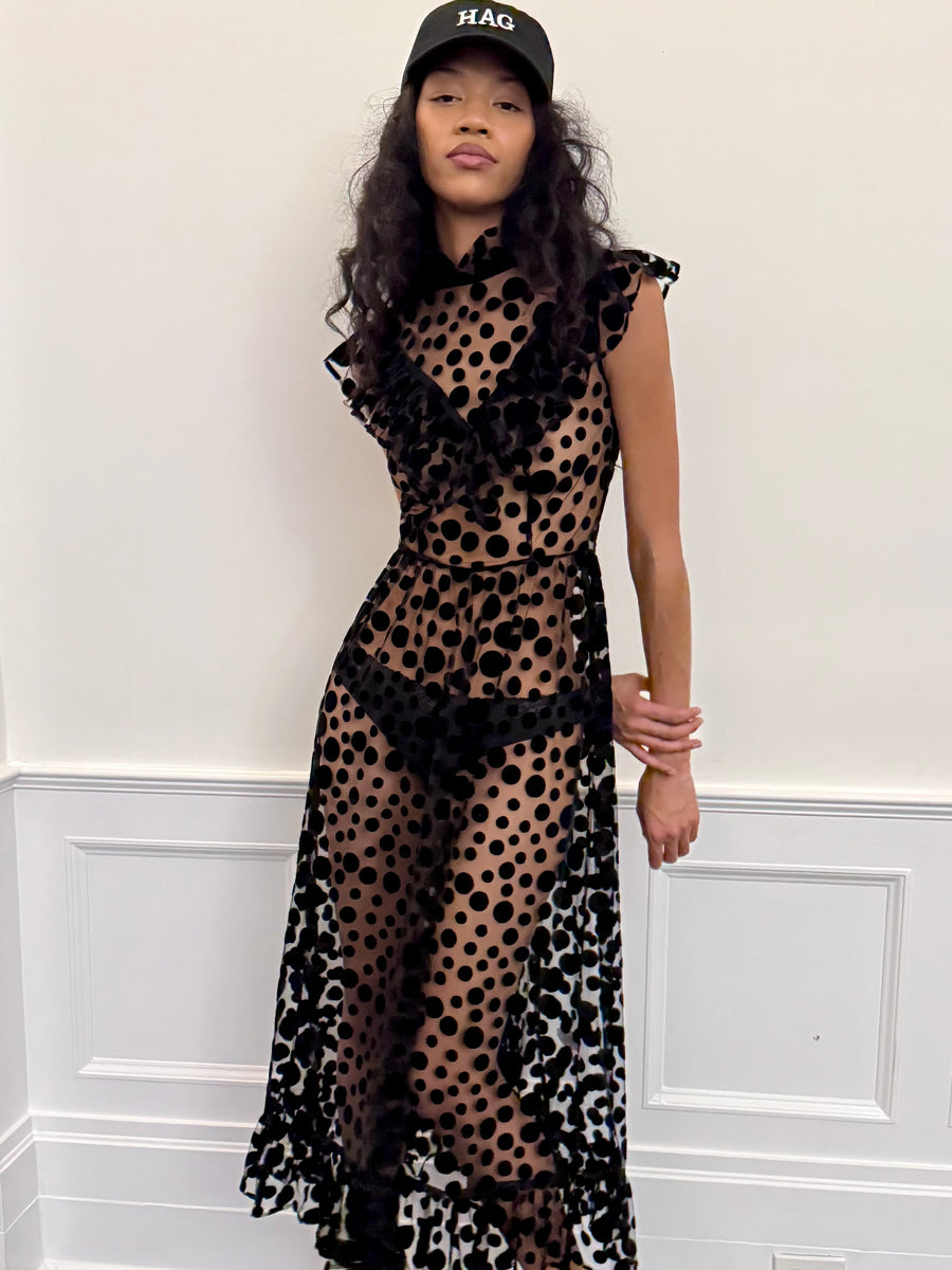 Caroline Dress in Black Flocked Dots