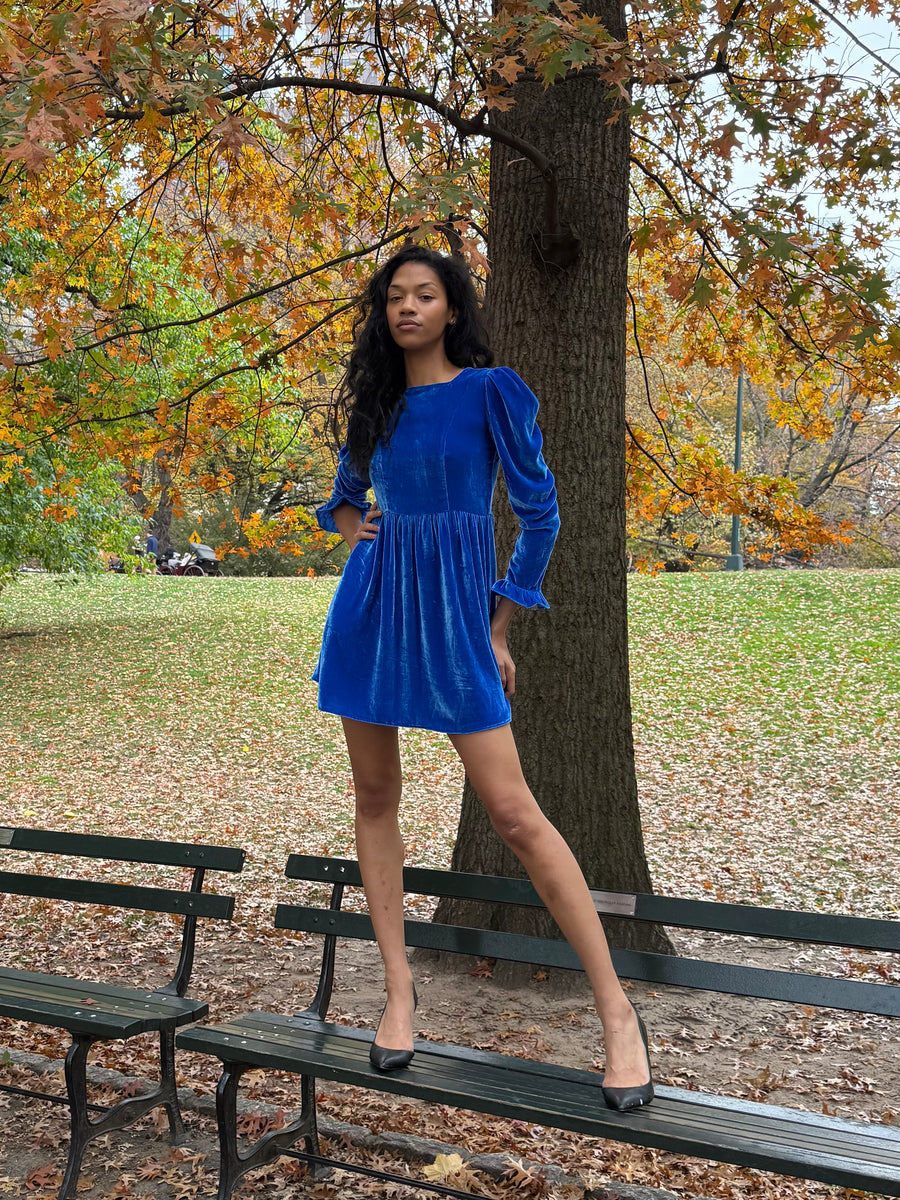 Square Neck Mini Prairie Dress in Blue Silk Velvet