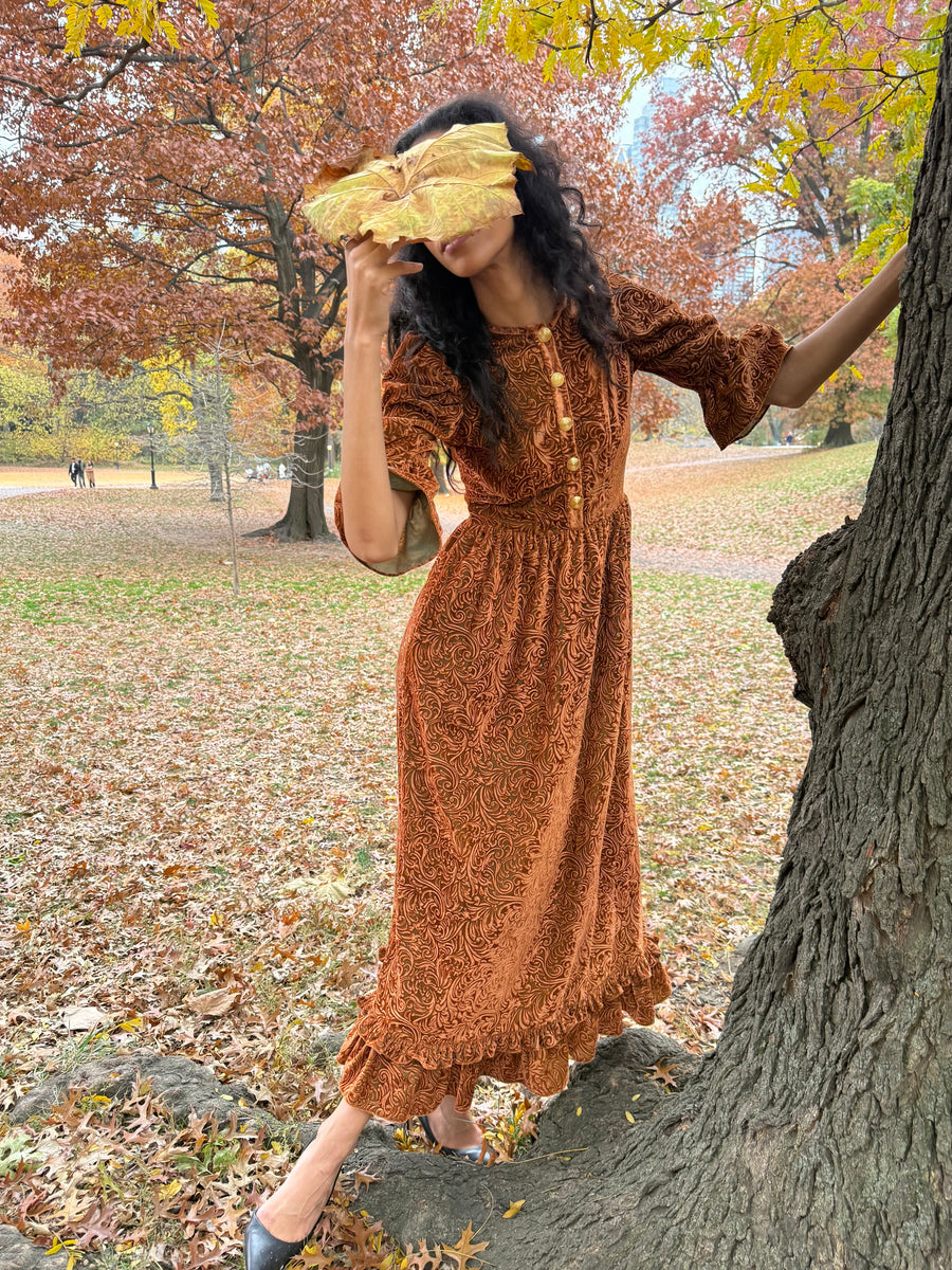 Ella Dress in Rust Embossed Velvet