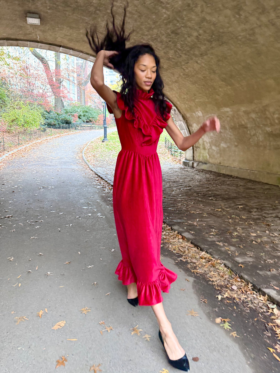 Caroline Dress in Red Velveteen