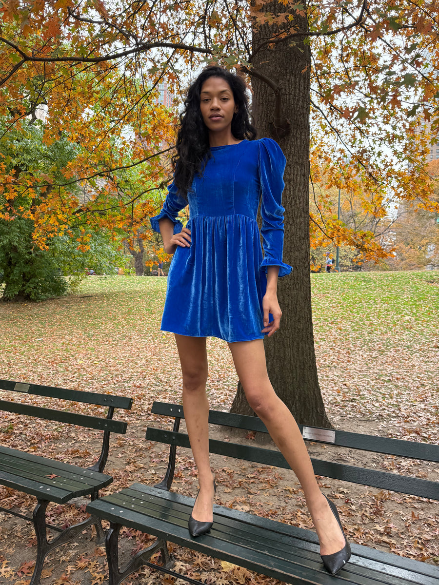 Square Neck Mini Prairie Dress in Blue Silk Velvet