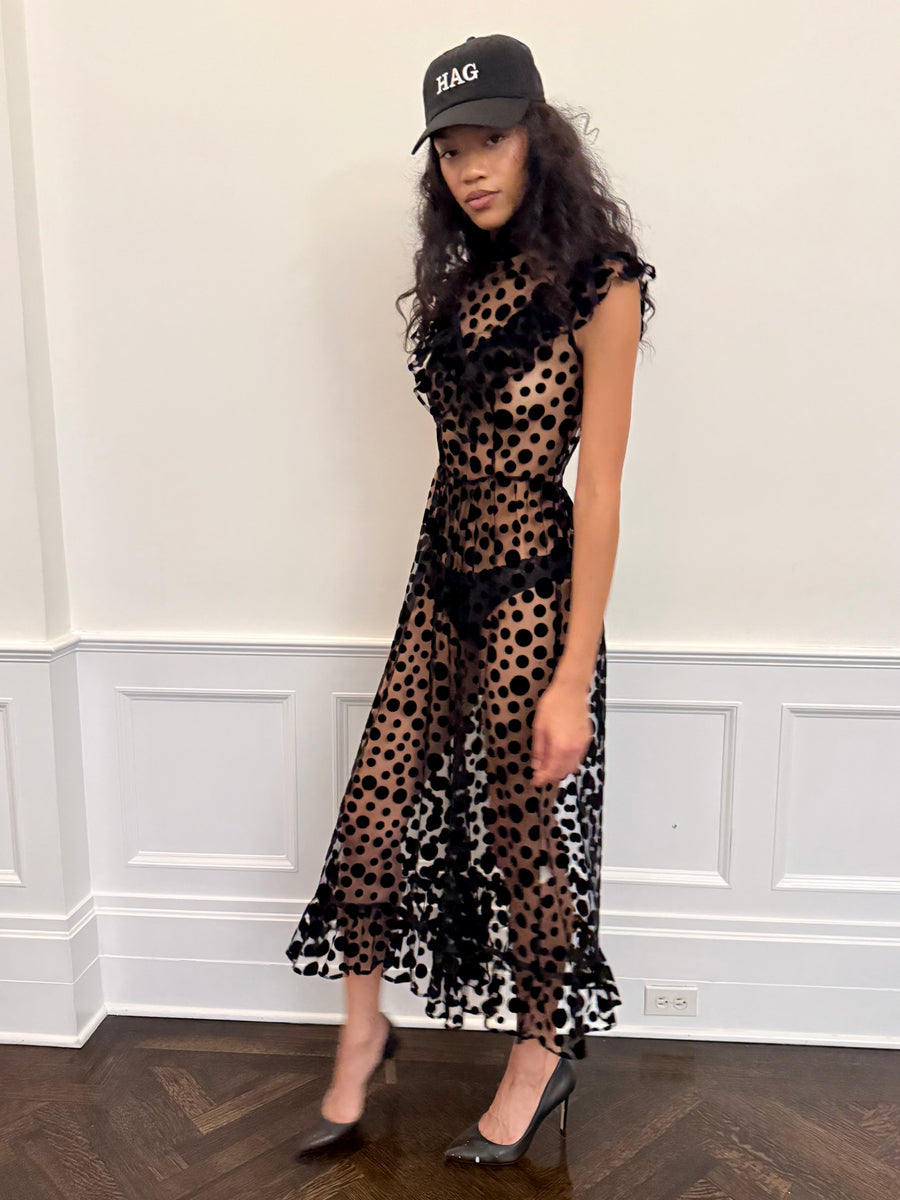 Caroline Dress in Black Flocked Dots