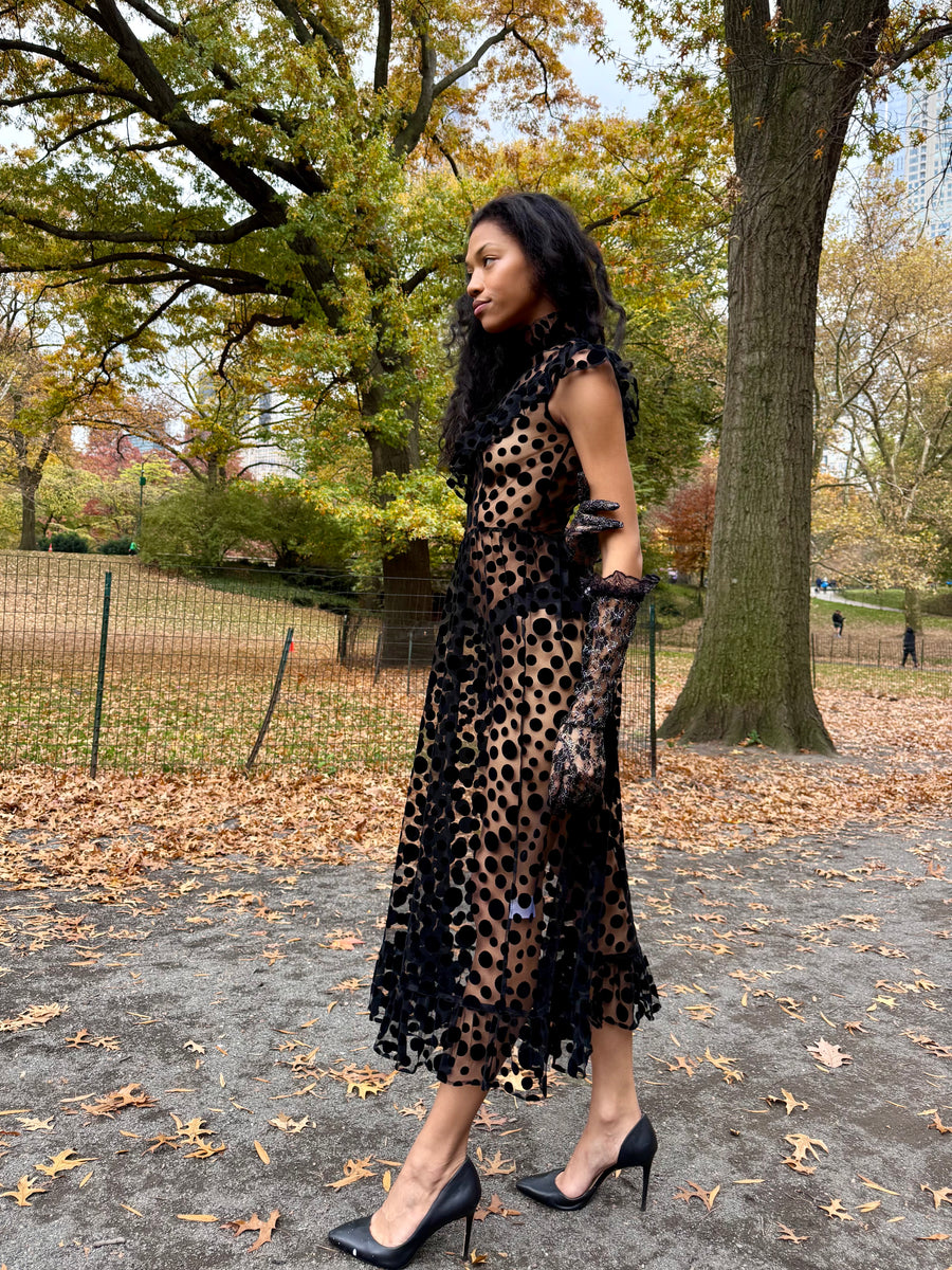 Caroline Dress in Black Flocked Dots