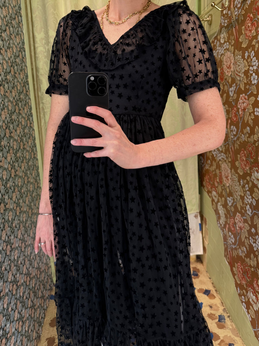 Ruffle May Dress in Black Flocked Star 4