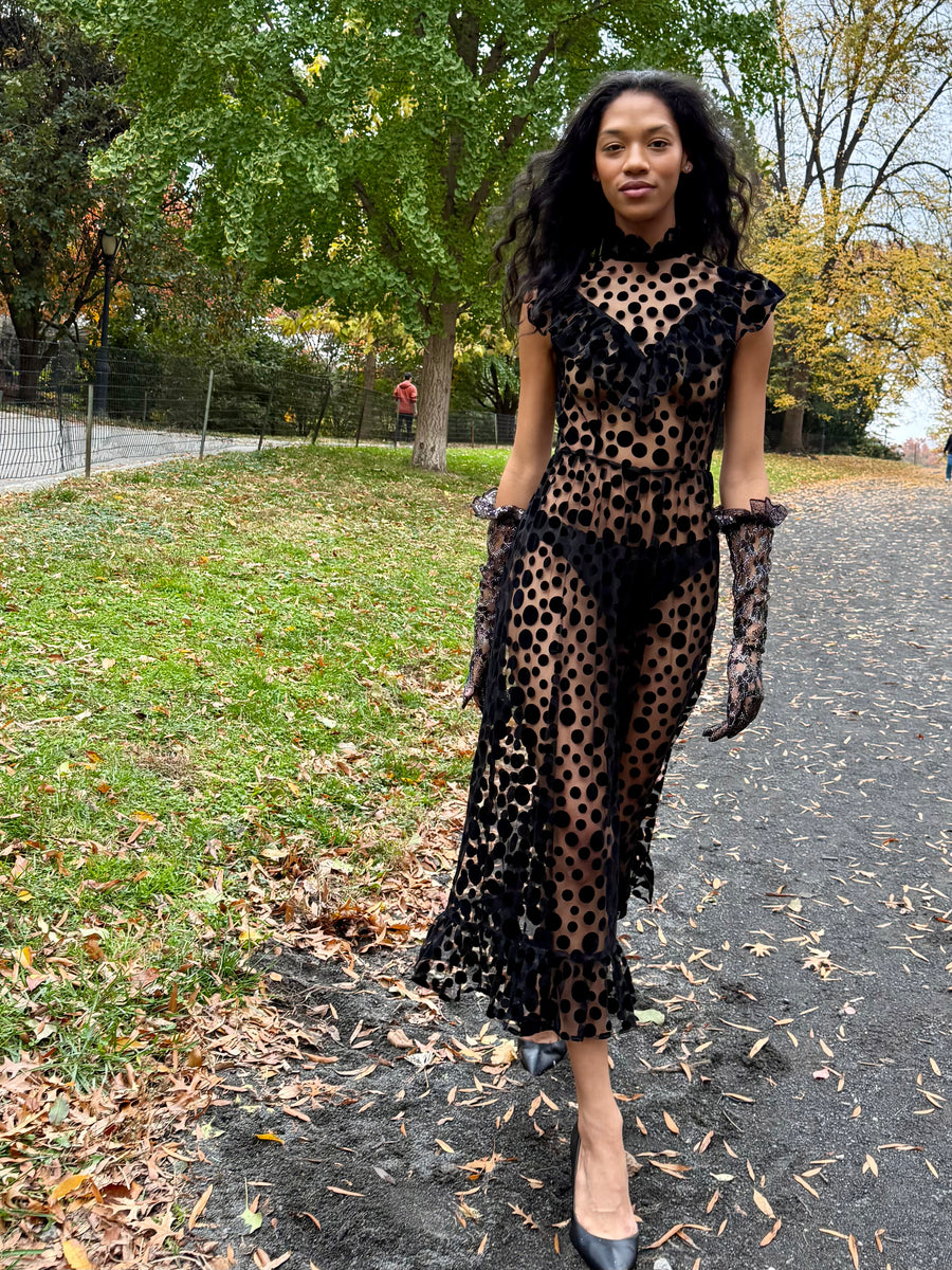 Caroline Dress in Black Flocked Dots