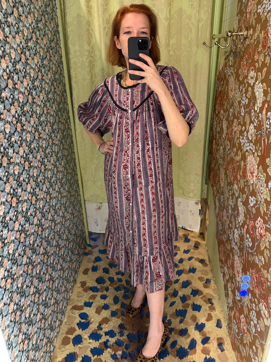 Snap Housedress in Grape Floral with Stripes