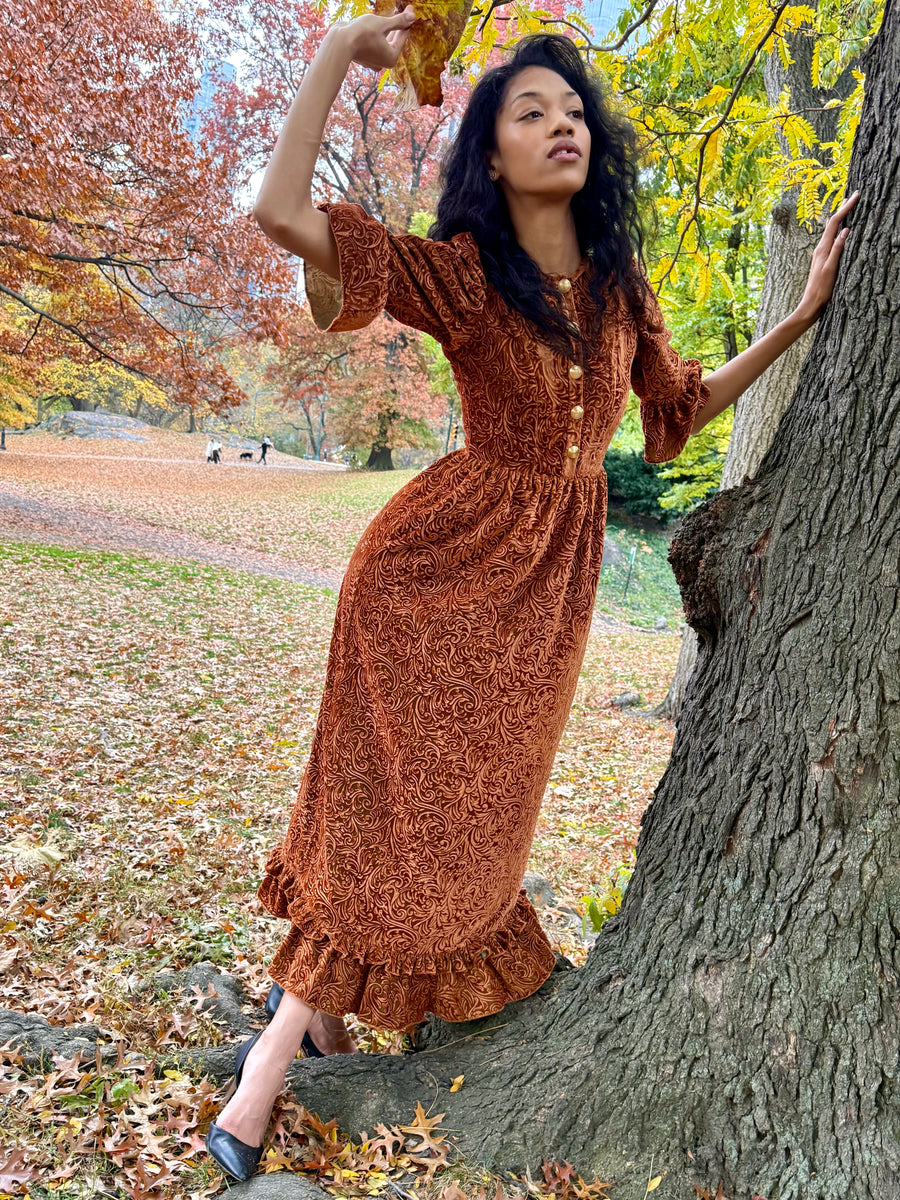 Ella Dress in Rust Embossed Velvet