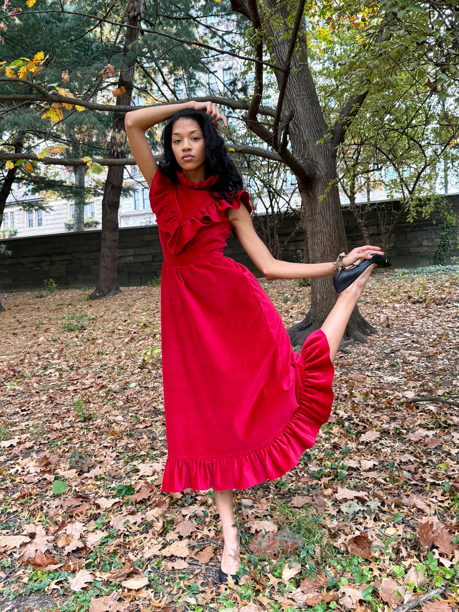 Caroline Dress in Red Velveteen