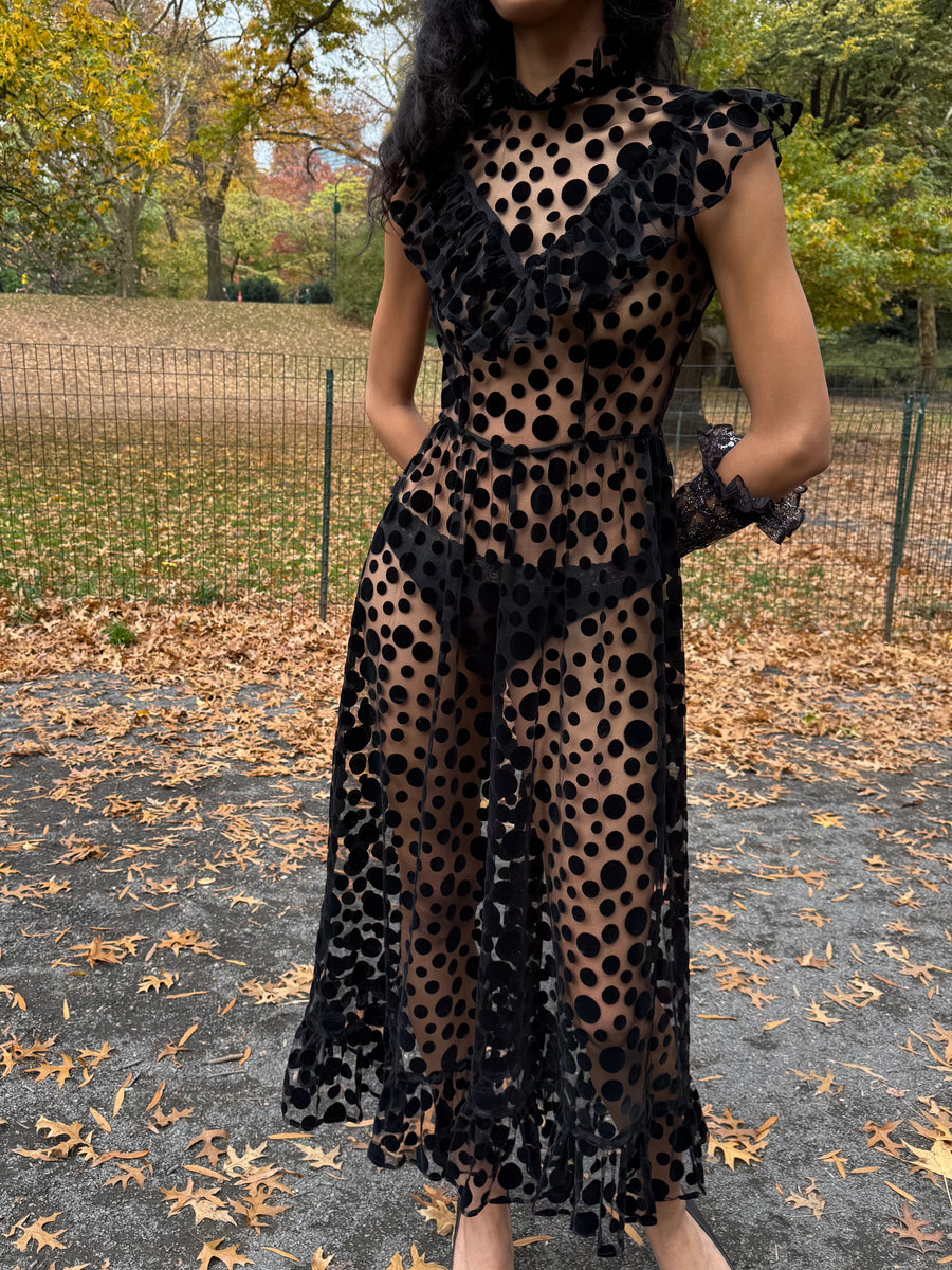 Caroline Dress in Black Flocked Dots