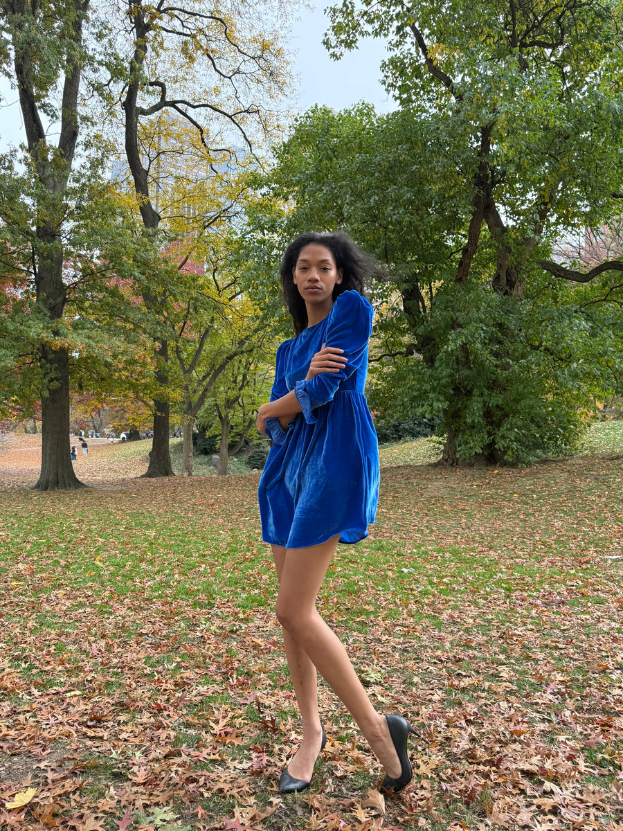 Square Neck Mini Prairie Dress in Blue Silk Velvet