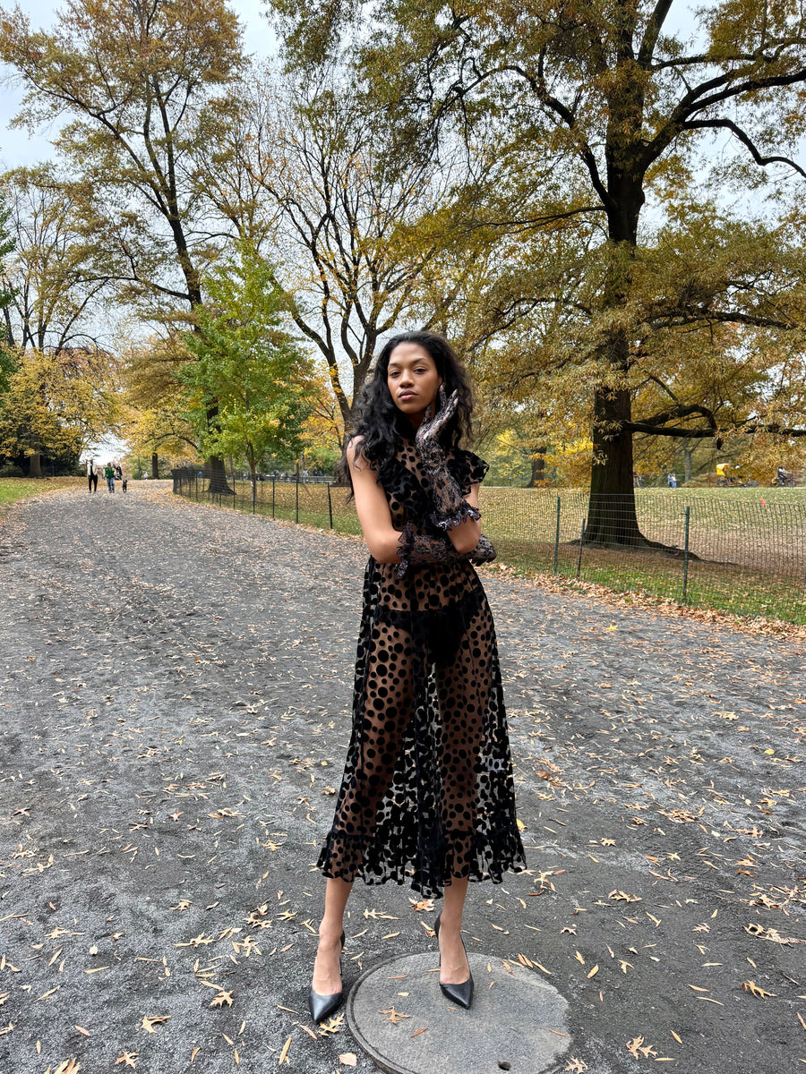 Caroline Dress in Black Flocked Dots