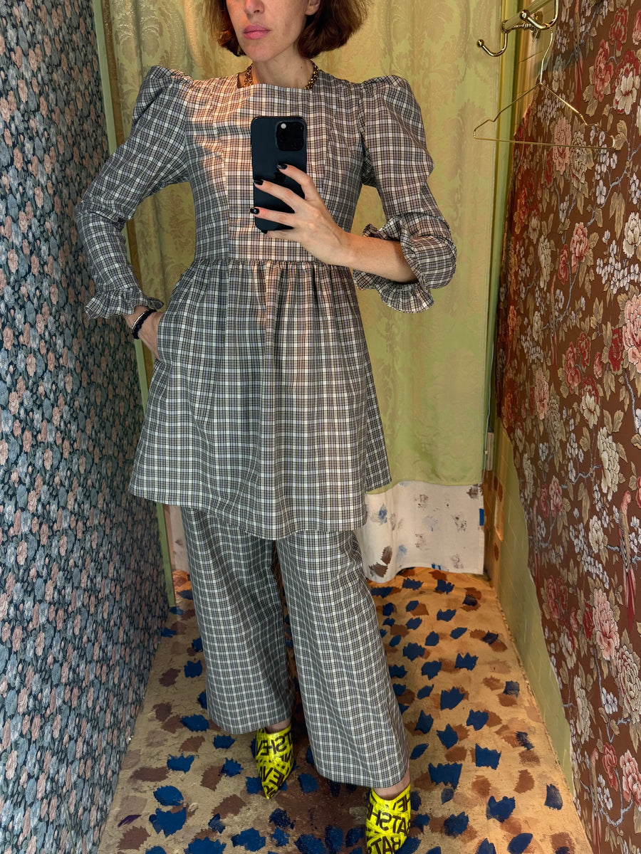 Square Neck Mini Prairie Dress in Beige Tartan