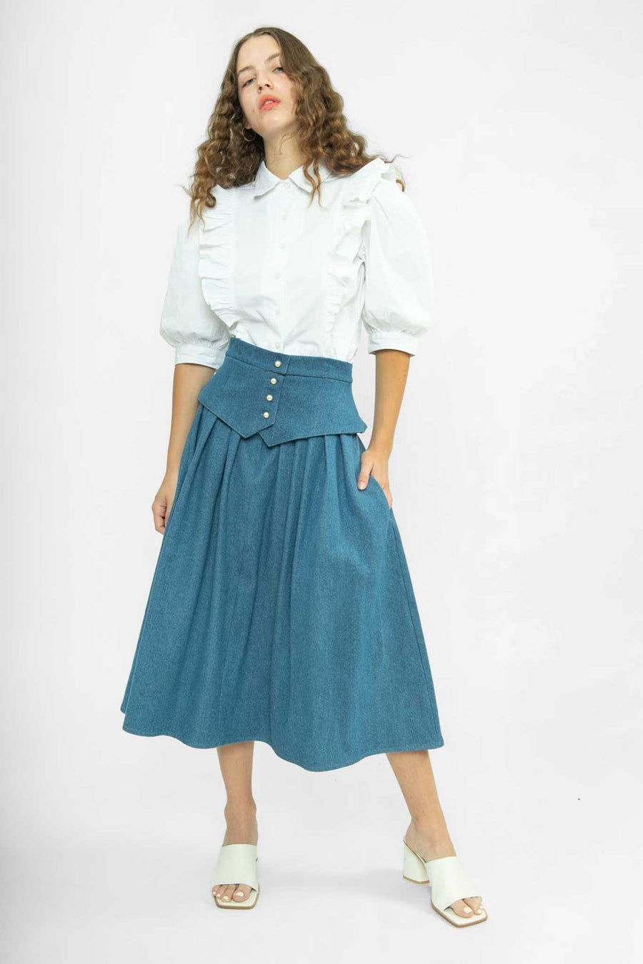 BATSHEVA - Landa Skirt in Medium Blue Denim