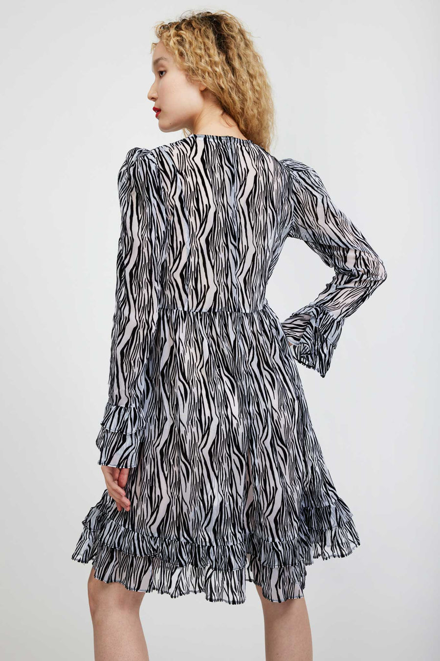 BATSHEVA - Collarless Prairie Dress in Flocked Zebra
