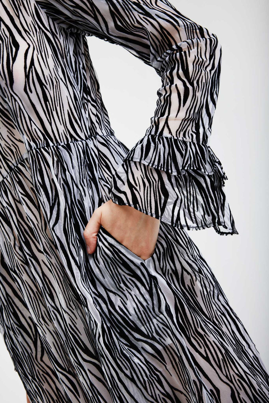 BATSHEVA - Collarless Prairie Dress in Flocked Zebra