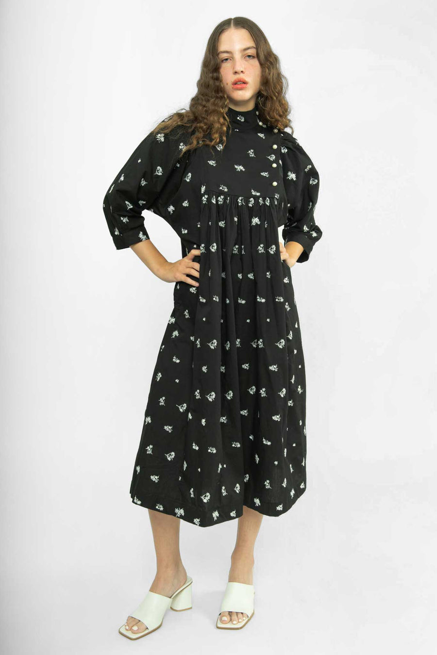 BATSHEVA - Smock Dress in Black Embroidered Poplin