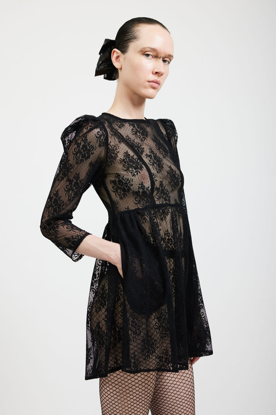 BATSHEVA - Square Neck Mini Prairie Dress in Black Lace