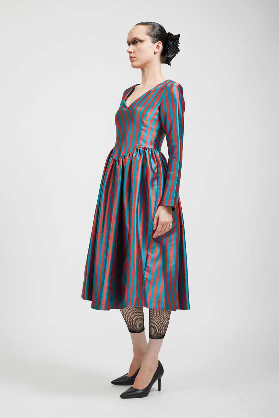 BATSHEVA - Vivienne Dress in Teal/Rust Stripe